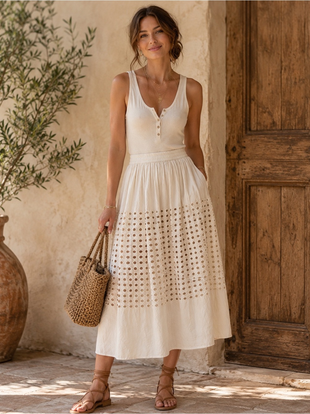 NWT Jennifer & Grace XL Ecru Eyelet Embroidered Midi Skirt Lined Pockets
